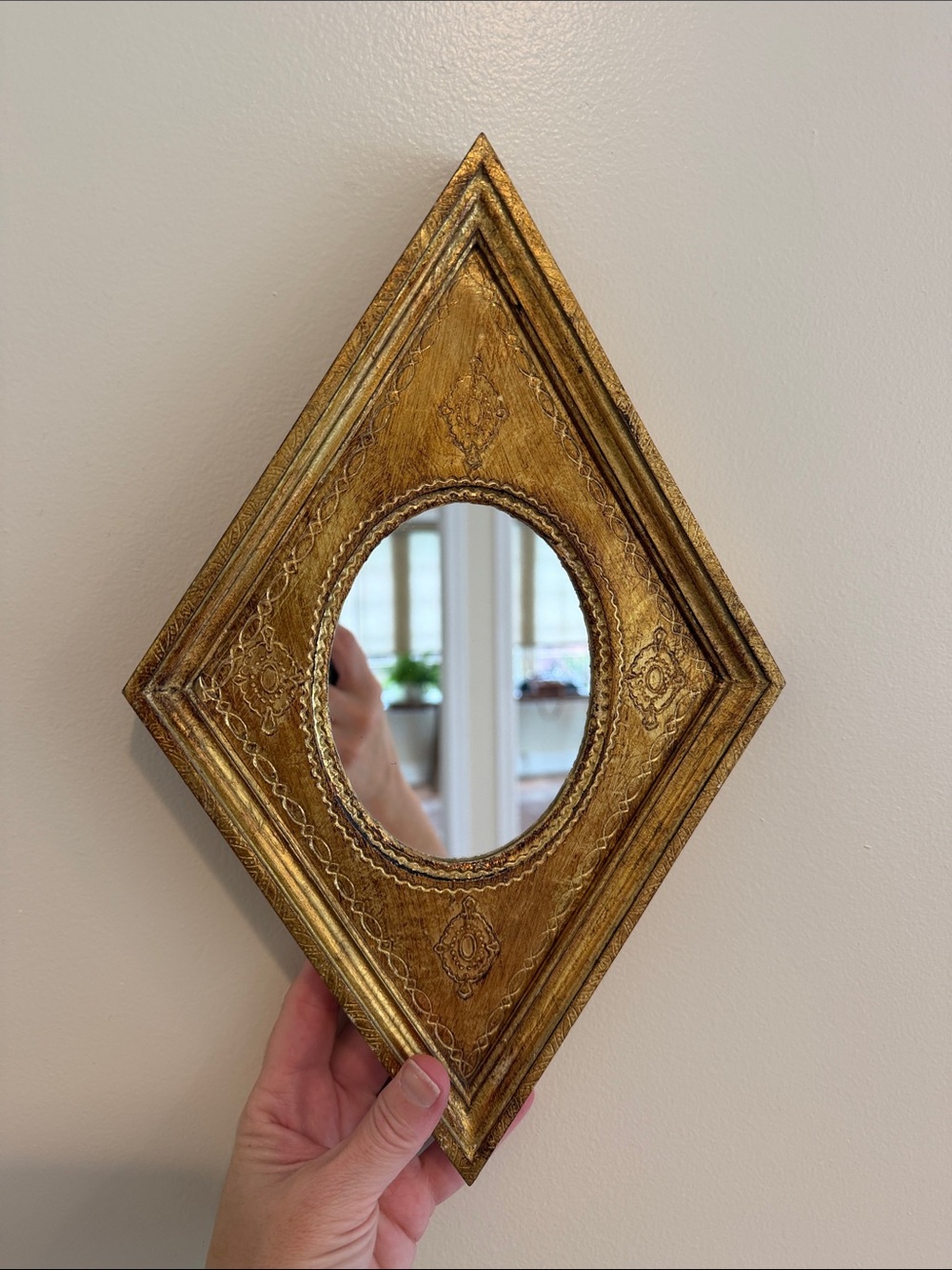 Vintage Italian Florentine Wood Gold Diamond Shape Mirror.